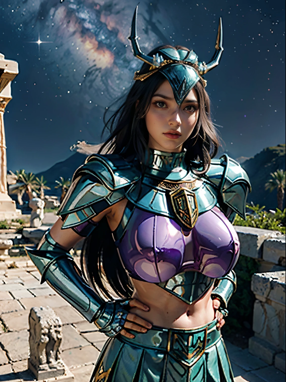 masterpiece, best quality, ultra high res, realistic skin texture, armature, (photorealistic:1.4), high resolution, raw photo, shiny skin, realistic skin texture, best lighting, sparkle, dramatic lighting, dynamic pose, (greek temple background:1.3), night sky, cosmos, milky way, 1girl, (medium breast:1.1), balanced eyes, Dragon Shiryu wearing green silver armor, purple pants, purple short sleeve shirt, wearing dragon helmet, roman skirt plate, (breast plate:1.5), very long hair, shield, cleavage,