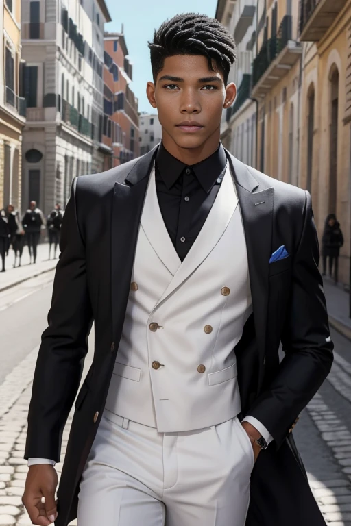 Jeune homme métis, très beau, cheveux et noirs bouclés, 15 ans, ressemblant à Rome Flynn, yeux bleu lagon, cheveux bouclés, style Rome Flynn, cheveux noirs bouclés, très belle, peau noire, très détaillé, fond blanc, jeune, svelte, pas musclé, mince, en chemise blanche, de face, texture de la peau, vêtu d'un uniforme scolaire