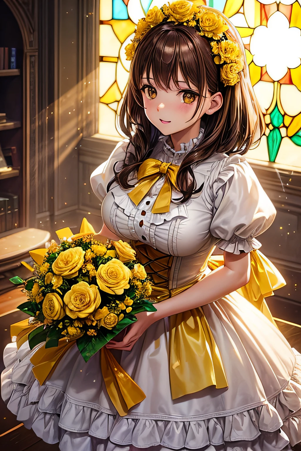 ((worst quality, low-quality)), ((girl with)), (Colossal tits), ((Brown hair shortcut:1.2)), Plump and glossy lips, Beautiful brown eyes, Spoken Heart, (Gothic lolita), Open chest, Leaning forward, (((holding a beautiful yellow bouquet))), ((perfect hand:1.2)), confeti, (Wonderful and delicate stained glass background), ((Shining sunlight)), (light Particle, light glow, llight rays:1.4), masutepiece,Best Quality,ultra-detailliert,