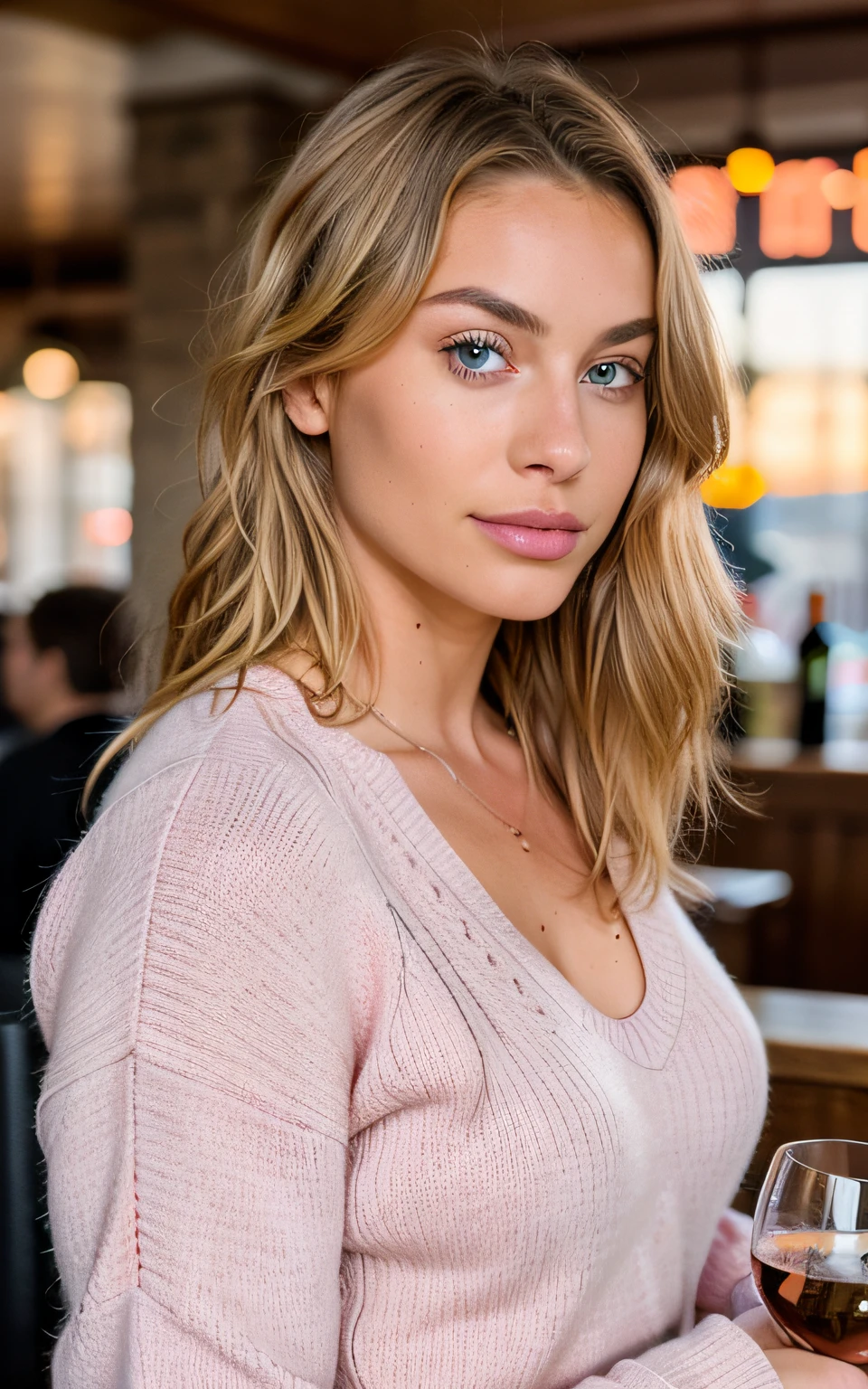 beautiful blonde wearing pink sweater (sipping wine inside a modern pub at sunset), very detailed, 21 years old, innocent face, natural wavy hair, blue eyes, high resolution, masterpiece, best quality, intricate details, highly detailed, sharp focus, detailed skin, realistic skin texture, texture, detailed eyes, professional, 4k, charming smile, shot on Canon, 85mm, shallow depth of field,  kodak vision color, perfect fit body, extremely detailed, foto_\(ultra\), photorealistic, realistic, post-processing, maximum detail, roughness, real life, ultra realistic, photorealism, photography, 8k uhd, photography