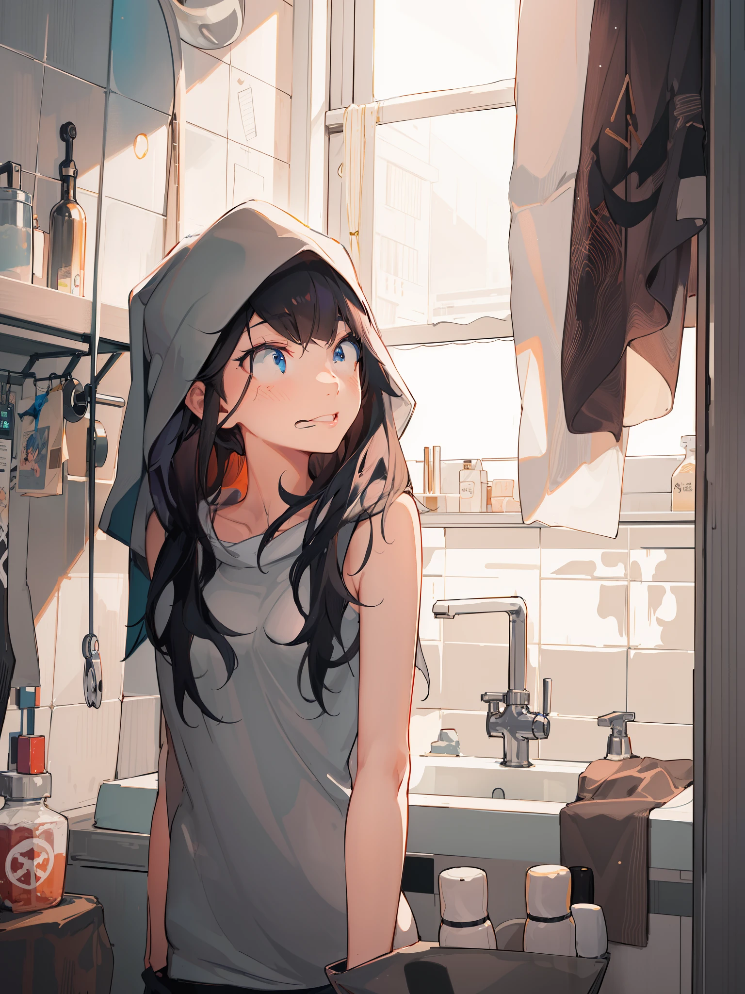 Naked girl sitting with legs spread on the floor with sad expression、Pretty Face、A dark-haired、Pubic hair grows、 ((Crying))、Undersized udder、Look at the sky with empty eyes、((white mucus dripping from genitals))..、In a dark abandoned house、Black miniskirt、bra very