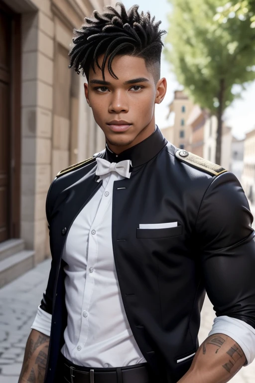 Jeune homme métis, très beau, cheveux et noirs bouclés, 15 ans, ressemblant à Rome Flynn, yeux bleu lagon, cheveux bouclés, style Rome Flynn, cheveux noirs bouclés curly, très belle, peau noire, très détaillé, fond blanc, jeune, svelte, pas musclé, mince, en chemise blanche, de face, texture de la peau, vêtu d'un uniforme scolaire