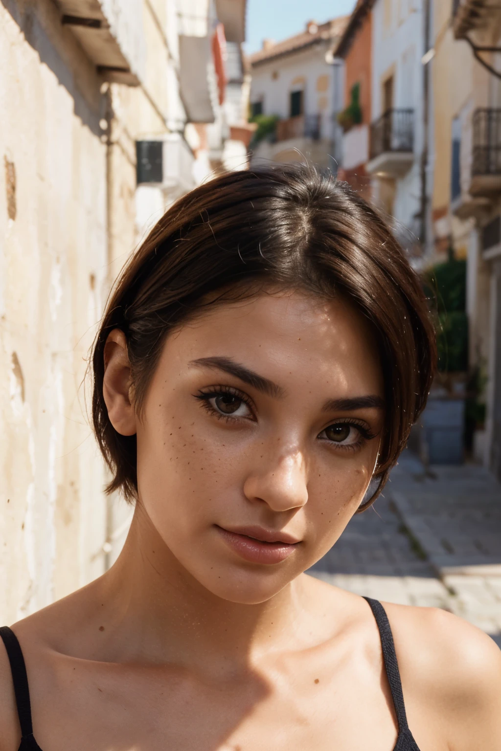 realistic portrait photo of beatiful woman with black short hair, hair roots slightly faded, spanish, influencer, light freckles, light brown eyes, no makeup, instagram