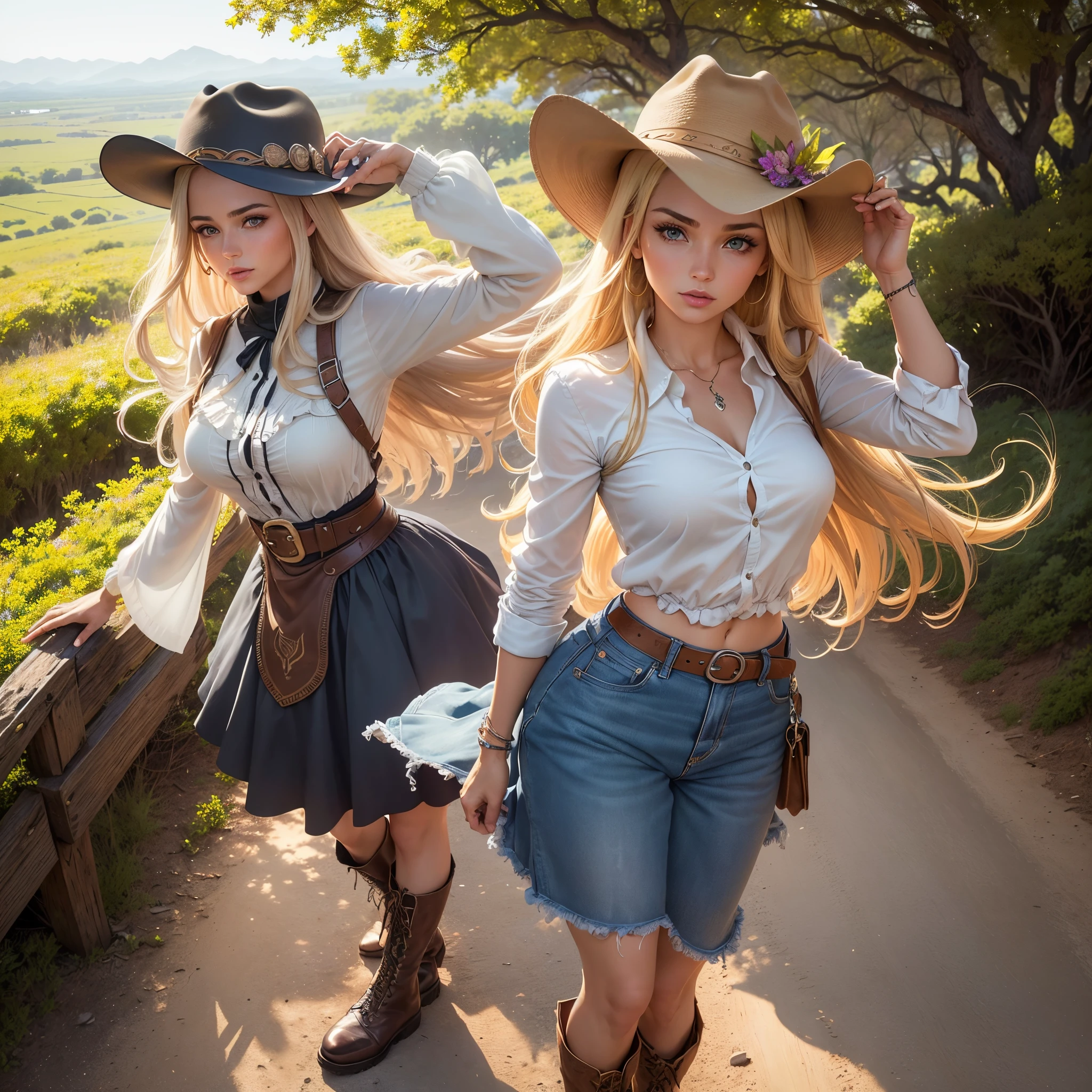 Imagine uma mulher jovem com olhos azuis penetrantes, ((corpo inteiro, standingn, pose de top model, , long, flowing blonde hair, usando um batom e esmalte vermelho vibrante, combinados com um short de brim rasgado. Highlight with boots and a Texas-style hat, elements that are characterized with a mix of modification and style,See it in a dynamic and captivating environment, talvez em uma paisagem aberta do Texas, onde o vento sopra suavemente, fazendo com que seus cabelos loiros dancem ao redor dela, Sunlight highlights your features, highlighting its natural beauty and striking presence, The resulting image should capture not only the woman's youth and energy, but also its connection to the authentic Texan style, Convey not only your dazzling beauty, but also her confident attitude and her unique fashion sense, providing a balance between grace and determination, A imagem deve evocar um sentimento de , youth and authentic Texan style, offering a vibrant and inspiring visual representation of this young woman in tune with her Texas environment, Imagem de fundo de uma coudelaria com belos cavalos e palheiros, Texas style boots and hat), estilo minimalista, Surreal dreamscapes, intimate portrait composition, mistic, Branco Claro e Vermelho, optical illusions), Cores Naturais, (high dynamic range), visionary art, arte que brinca com a escala