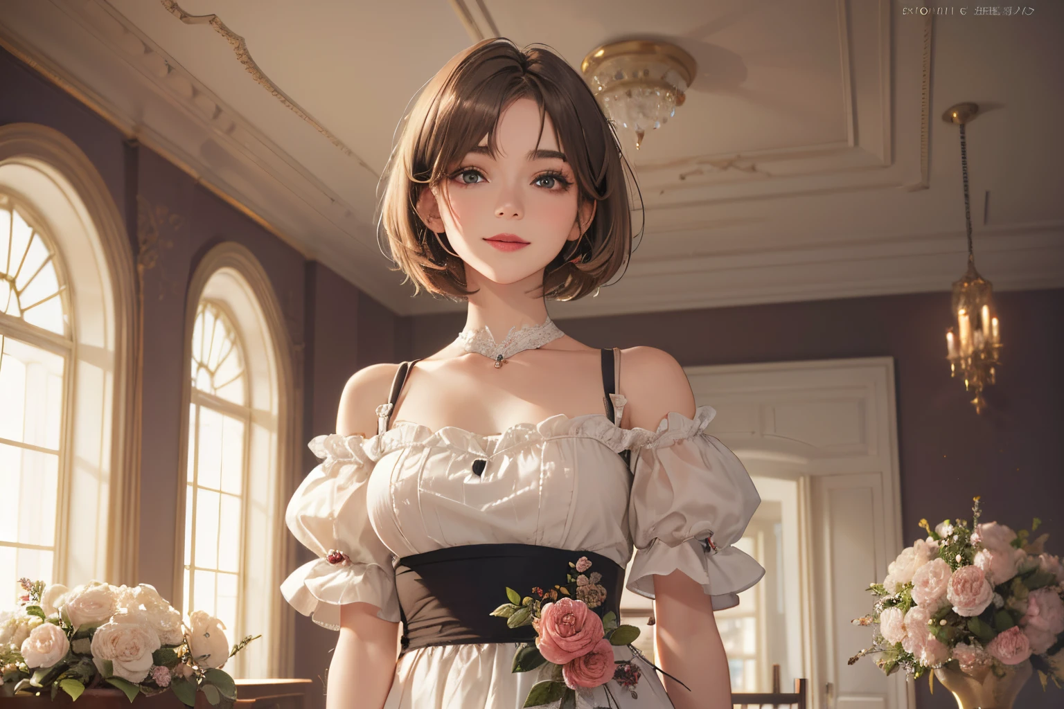 128
(a 20 yo woman,is standing), (A hyper-realistic), (high-level image quality), ((beautiful hairstyle 46)), ((short-hair:1.46)), (Gentle smile), (brest:1.1), (lipsticks), (florals), (Large room), (Depth of field is deep), (painterly)