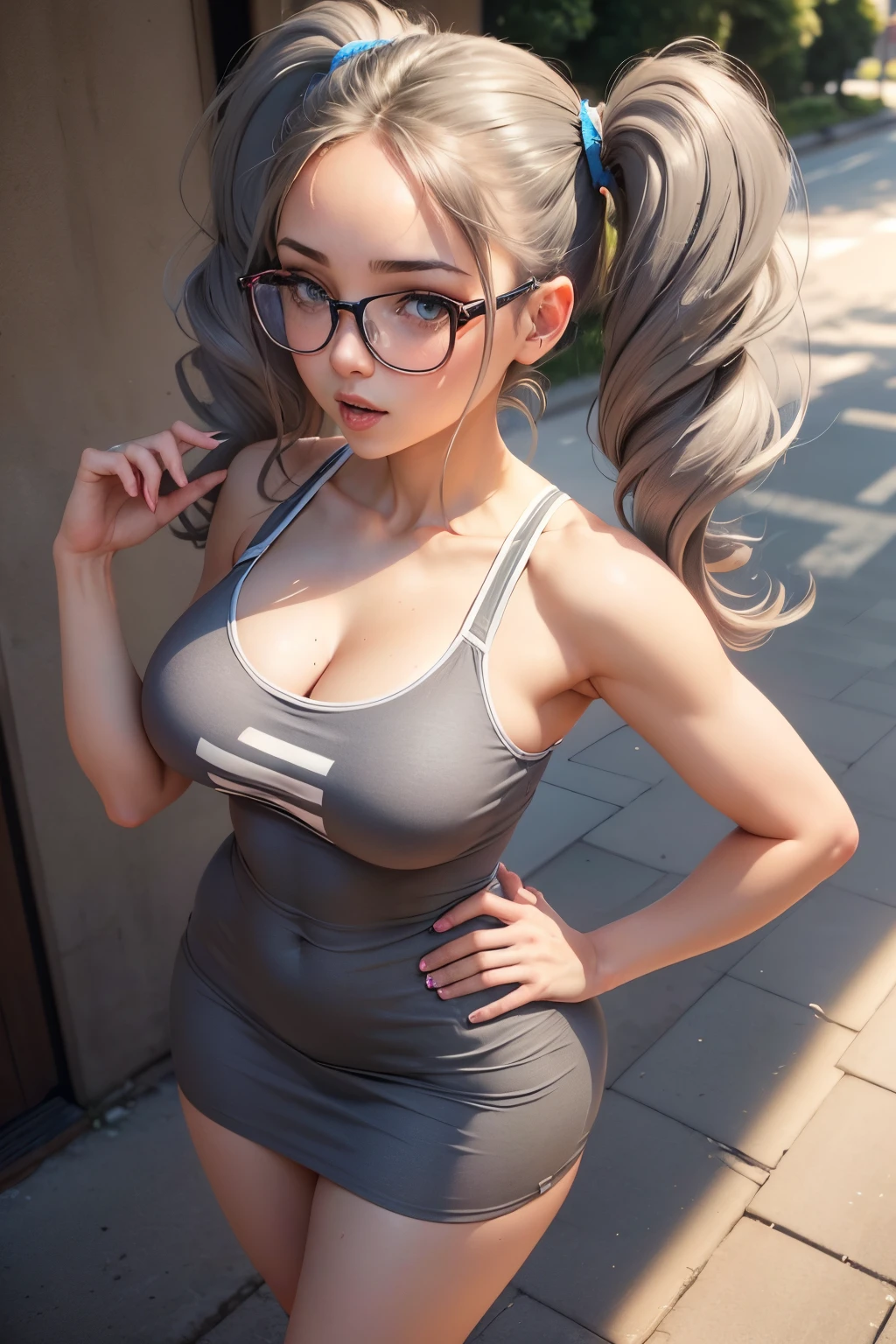 ((medium breasts)), ((erotic, sexy)), 28-year-old student with a T-shirt without a print, (tight gray sports dress), will be on the street with her back turned, beautiful detailed eyes, clear face, outlined eyes, (Photo full body), (Pigtails), shapely ass, wears glasses, wears tennis shoes, sunny day.