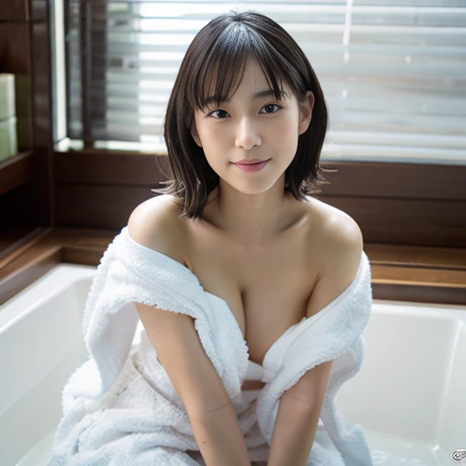 1girl in, Solo, (masutepiece, Best Quality, 8K, Photorealistic, Real Girl, mulberry: 1.37), （On the bet:1,6)、Looking at the viewer, Full body visible from close range, Cute 18-year-old Japan, Slender figure: 1.1, Small breasts, Sitting, Double eyelids, drooing eyes, dark room wet with sweat, Body wet with sweat: 1.2): 0.2, ( White oversized towel fabric dress, Strapless: 1.2), fried body shape, makeup, gloss lips, Focus on Face, a small face, Sharp Focus, layered cut, Facing the viewer, , Shot from the front, Bright lighting、((Best Masterpiece)), ((top-quality)), ((realisitic)), ((8K)), 1 rapariga, bath towels,（Winding on the body:1,6)、 japanes, 24 years old, ultra beautiful, cute little, modeled, full body Esbian, A slender, modeled, Super Luxury Hotel, Sony SLR Photography, Shorthair, ｃcups, looking in camera,A smile, Background Realistic,  art by, a picture,