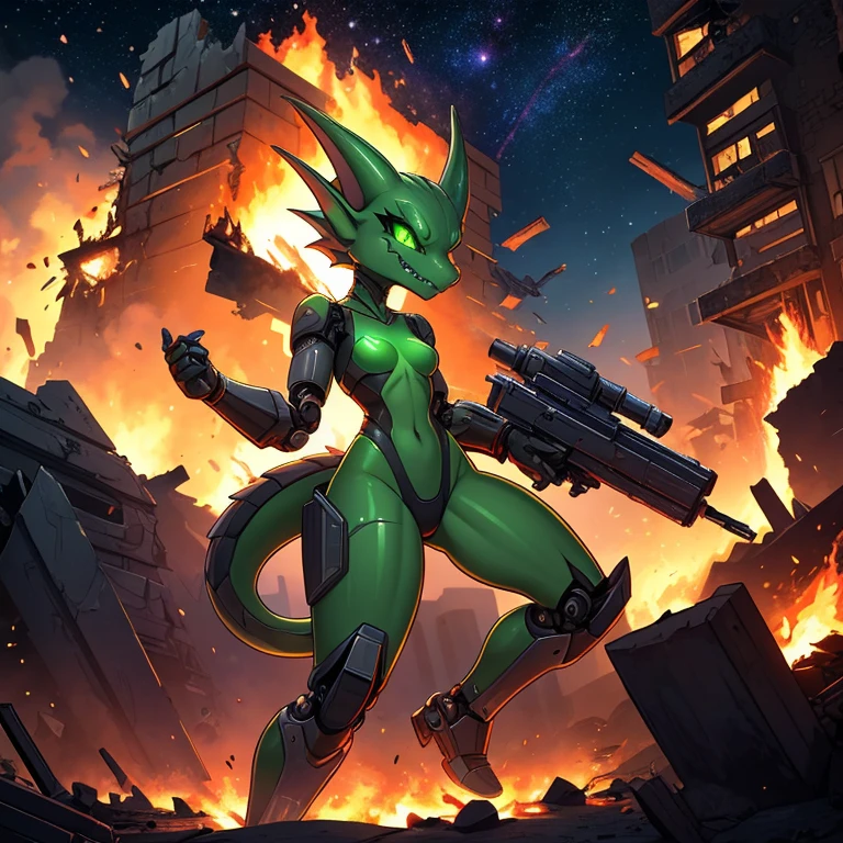 solo, female, kobold, metallic gray, robotic, android, small breasts, thin body, short height, curved thighs, glowing green eyes, holding blaster gun, war, science fiction, burning, crashing ships, destroyed burning buildings, stars, galaxy, fighting, warrior, aggressive, high quality masterpiece, perfect anatomy,
