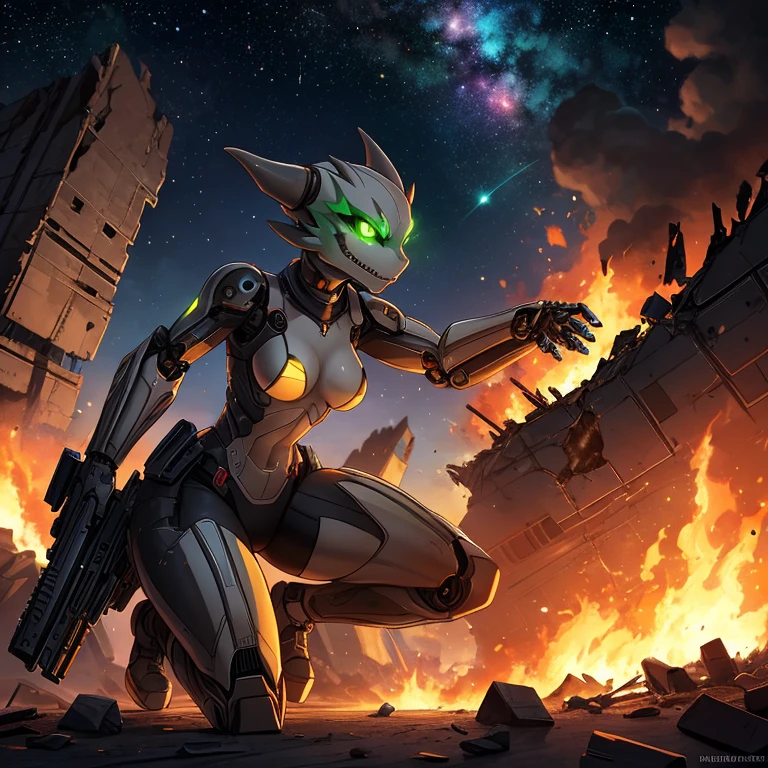 solo, female, kobold, metallic gray, robotic, android, small breasts, thin body, short height, curved thighs, glowing green eyes, holding blaster gun, war, science fiction, burning, crashing ships, destroyed burning buildings, stars, galaxy, fighting, warrior, aggressive, high quality masterpiece, perfect anatomy,