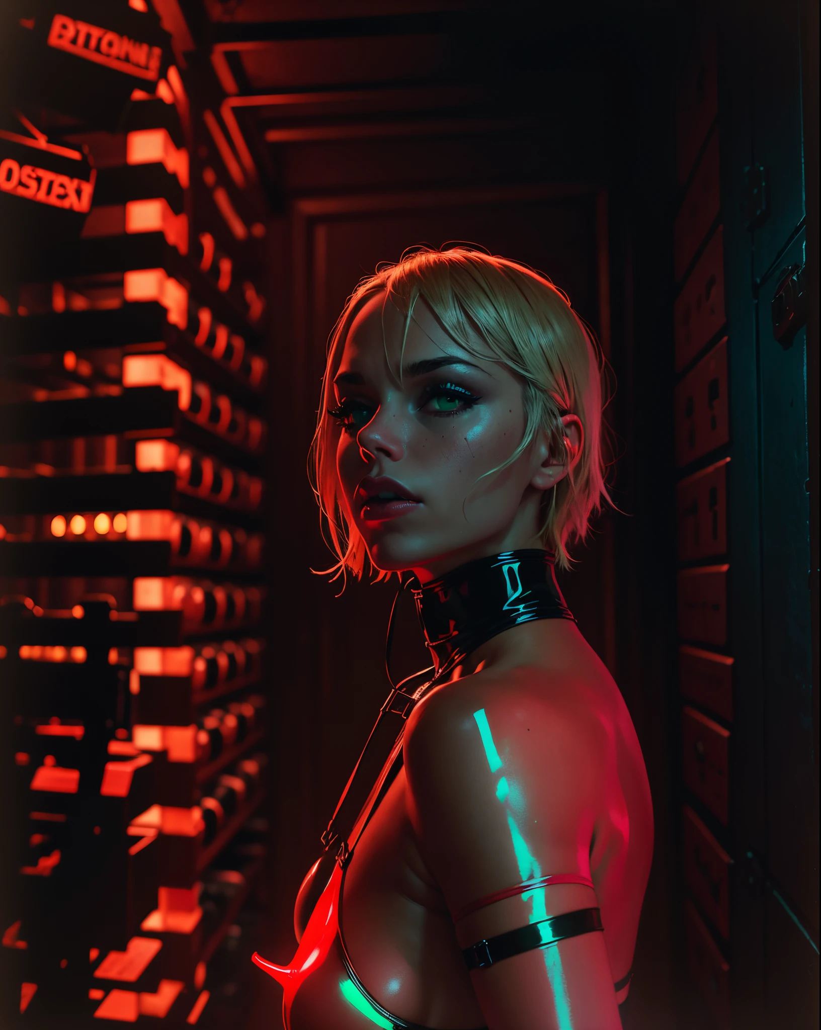 analogue photo of young blonde woman with cyberpunk hair, (((big boobs))) in a 1950 korean hotel elevator, ((green and red neon lights)), (((((high fashion clothes in the style of Alexander McQueen))))), supermodel, sexy model poses, masterpiece, eye level, Kodak Funsaver, Porta 160, 20mm, bokeh, in the style of Nan Goldin, textured, distressed, ((vintage)), edgy, noisy, high contrast, ((wrong framing))