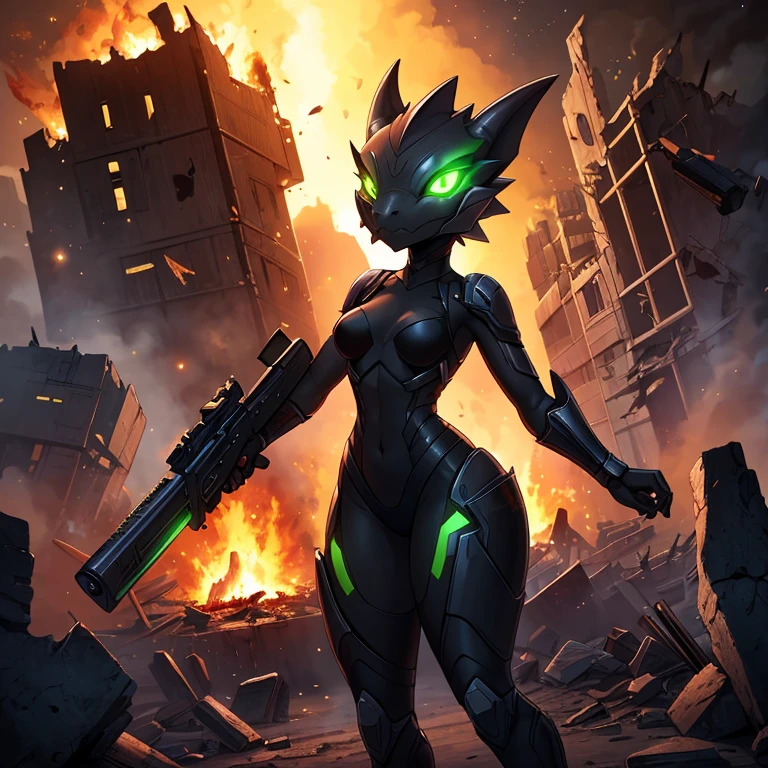 solo, female, kobold, metallic black, shiny, stealth, , android, small breasts, thin body, short height, curved thighs, glowing green eyes, holding blaster gun, war, science fiction, burning, crashing ships, destroyed burning buildings, stars, galaxy, fighting, warrior, aggressive, high quality masterpiece, perfect anatomy,