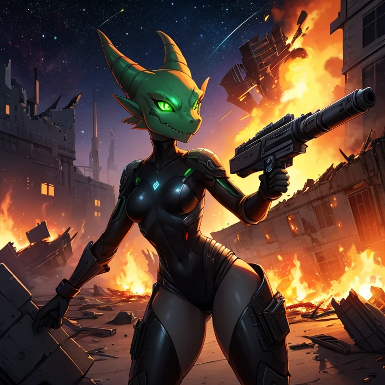 solo, female, kobold, metallic black, shiny, stealth, , android, small breasts, thin body, short height, curved thighs, glowing green eyes, holding blaster gun, war, science fiction, burning, crashing ships, destroyed burning buildings, stars, galaxy, fighting, warrior, aggressive, high quality masterpiece, perfect anatomy,