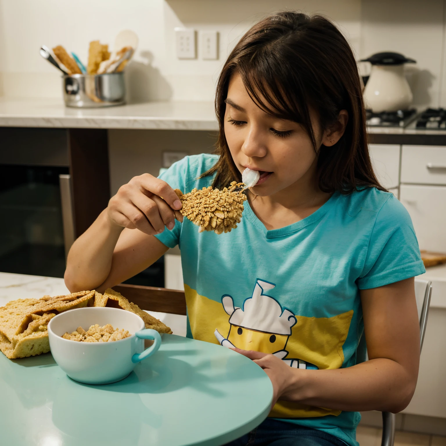 Tamaki comiendo cereal en la mesa de la cocina y en la mano derecha tiene una cuchara con cereal con direccion a su boca , el tazon se encuentra en la mesa , el tazon esta casi por revalsarser por tanto cereal de colores