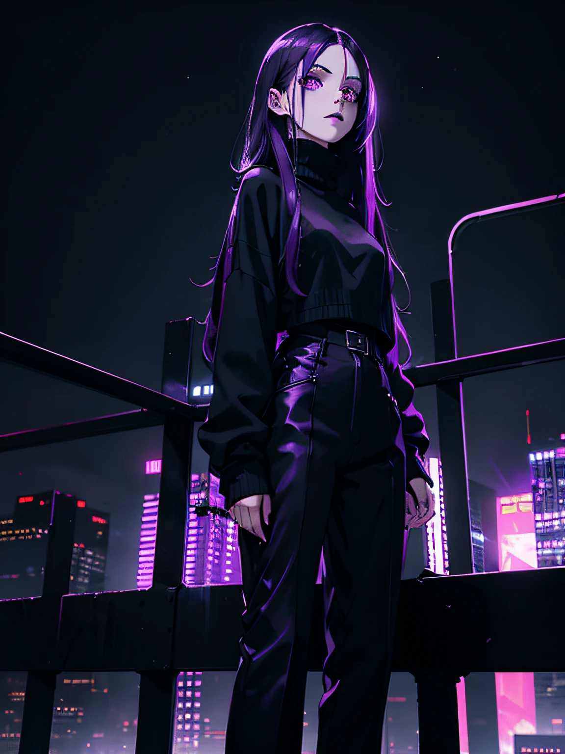 gloomy futuristic atmosphere, ((dark goth girl)), Long hair, Bright purple hair, closed long pale purple sweater, Long grey trousers, steel railings, Good clothes, violet eyes, Cold lighting, on roof, Hopeless landscape, dark gloomy cityscape, Duck sky, Black Sky, It's dark night, Horror atmosphere, perfect anatomy, Masterpiece