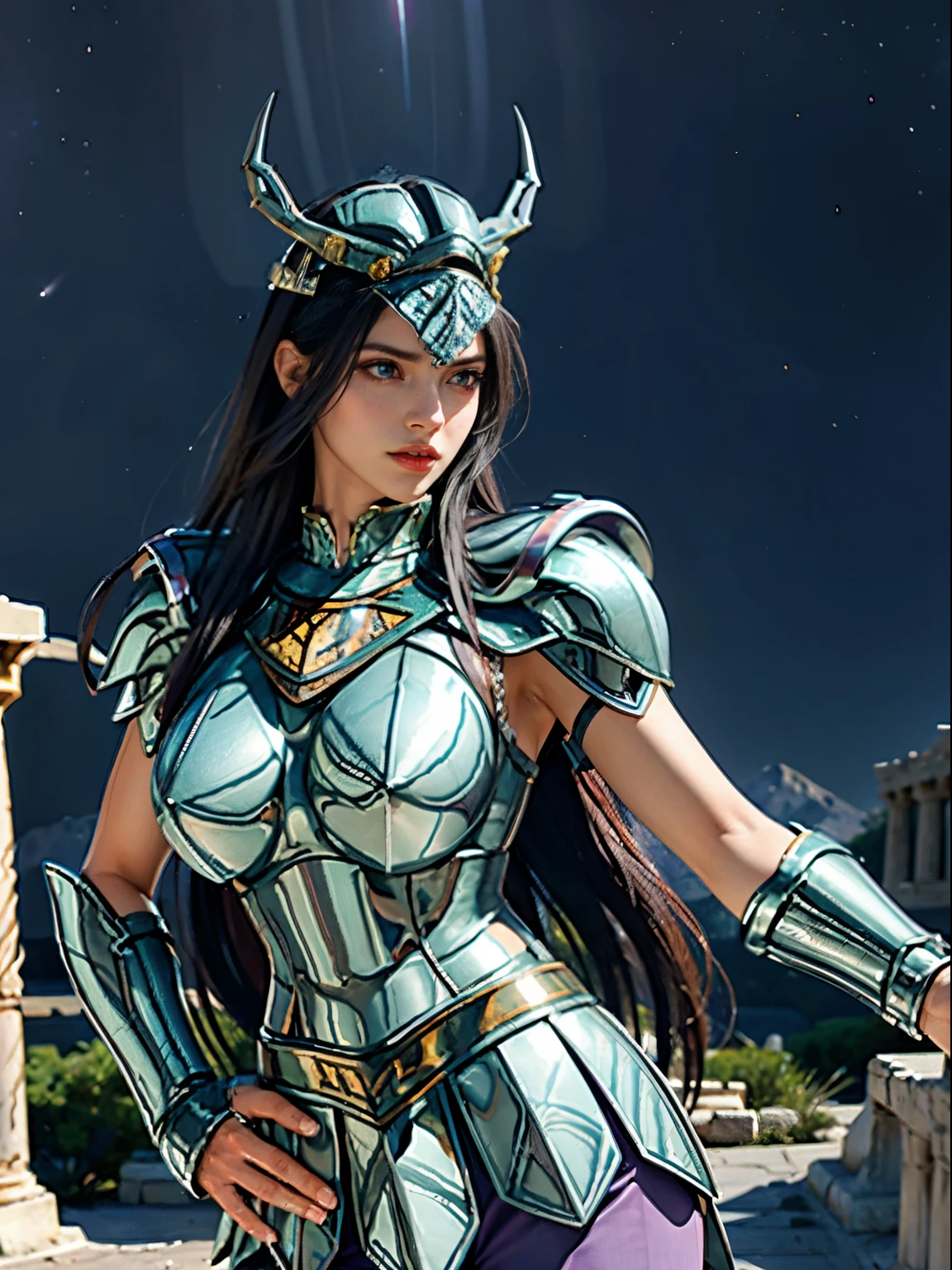 masterpiece, best quality, ultra high res, realistic skin texture, armature, (photorealistic:1.4), high resolution, raw photo, shiny skin, realistic skin texture, best lighting, sparkle, dramatic lighting, dynamic pose, (greek temple background:1.3), night sky, cosmos, milky way, 1girl, (medium breast:1.1), balanced eyes, Dragon Shiryu wearing green silver armor, purple pants, purple short sleeve shirt, wearing dragon helmet, roman skirt plate, (breast plate:1.5), very long hair, cleavage,