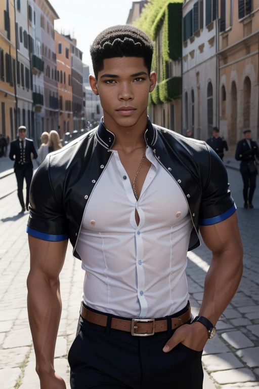 Jeune homme métis, très beau, cheveux blonds bouclés, 15 ans, ressemblant à Rome Flynn, yeux bleu lagon, cheveux bouclés, style Rome Flynn, cheveux noirs bouclés, très belle, peau noire, trois belles métisses au sourire taquin, Très détaillé, fond blanc, jeune, svelte, pas trop musclé, mince, en chemise blanche, face, portrait, jeune homme métis blond