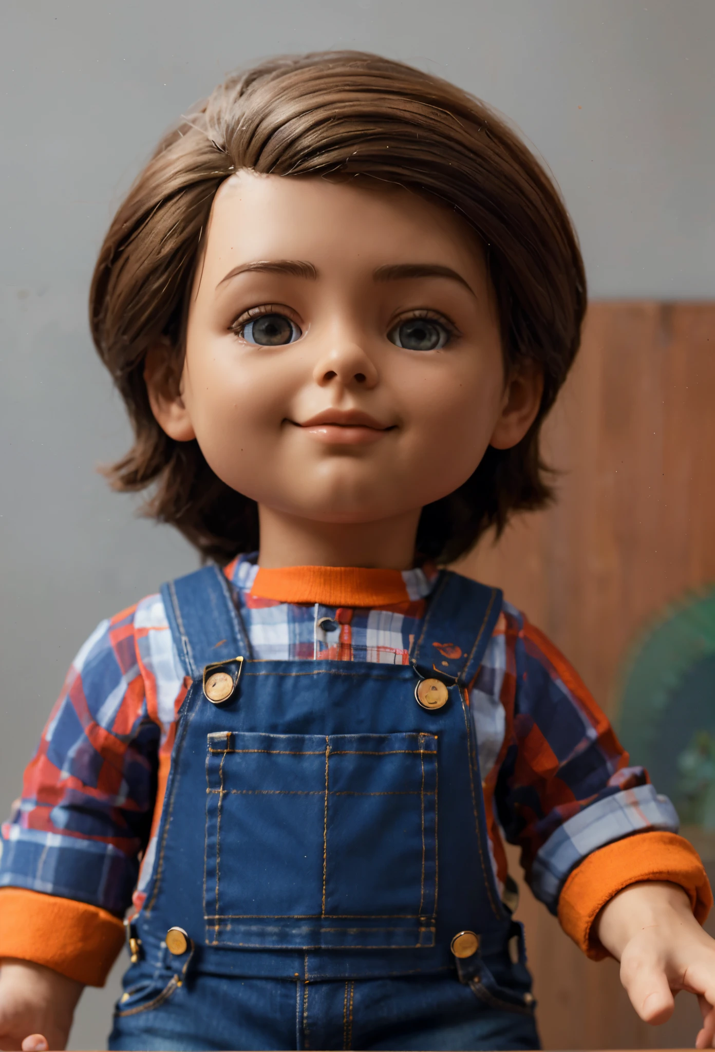 Crie uma obra de arte de uma boneca estilo Good Guys, com um rosto parecido com o do garoto da Mad Comics, with medium dark brown straight hair, um rosto inspirado em Alfred E. Neumanda, Revista Mad com camisa xadrez vermelha e branca de lenhador, sapatos marrons e laranja, and dark blue denim overalls", High Resolution 3D Model Image, Realistic textures and lighting --AR 16:9 --v 5 -