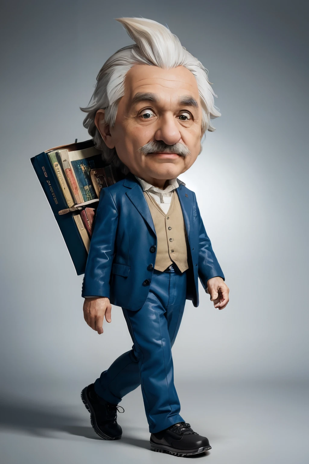 (best quality,8k,ultra-detailed,realistic:1.37),anime style,Albert Einstein,explorer,carrying books on his back,full body,walking,mobile character model