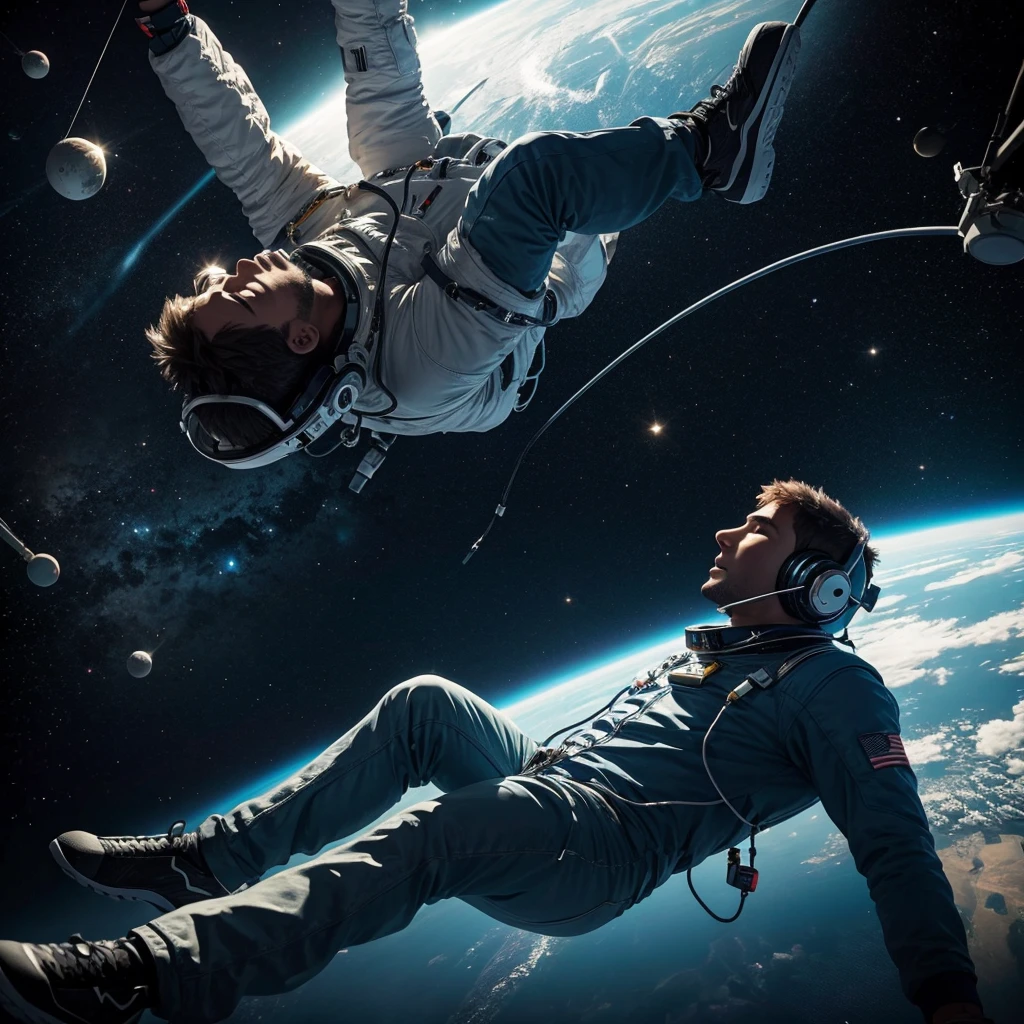 Man suspended in space listening to music