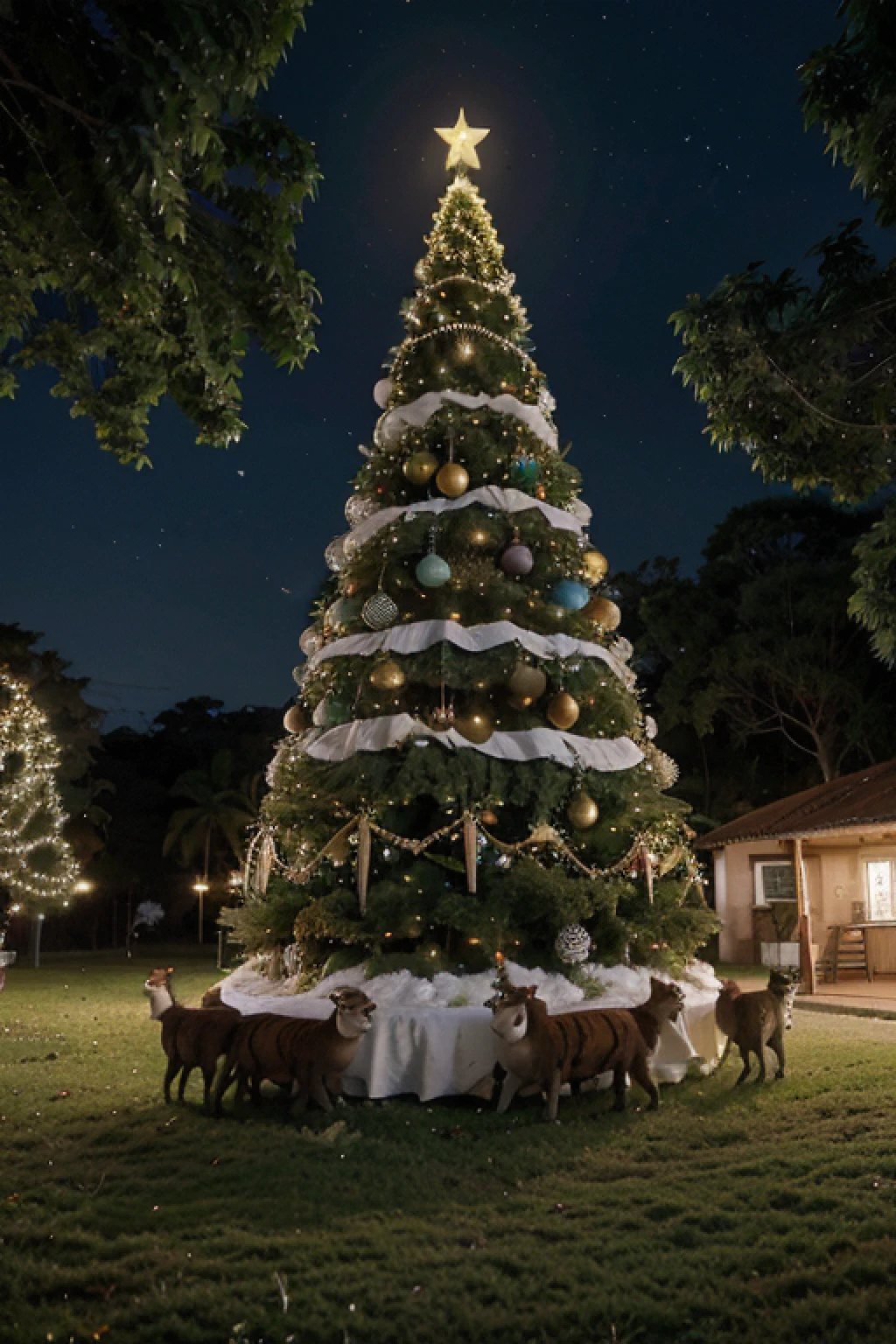 Christmas tree, bolinhas coloridas, noite bem estrelada, Bucolic atmosphere, cheio de palmeiras, with birds around, papai noel escondido, um monte de presentes no desfiladeiro, com ursos, tigre, leone, vacas, ovelhas, estilo desenho
