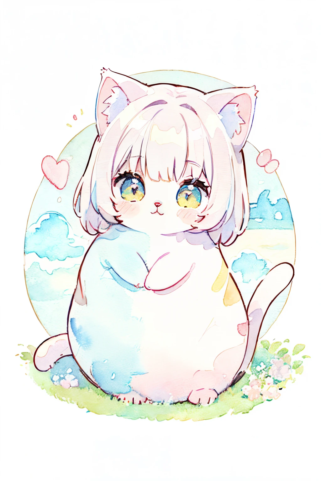 cat, body complet,1 girl,
(Color: pastel colors:1.5),(cute illustration:1.5),(watercolour:1.2),white background,