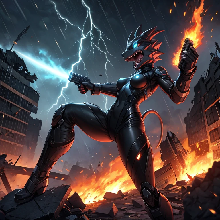 solo, female, kobold, metallic blue, shiny, stealth, ,fangs showing, open mouth, legs spread, , rubble, android, small breasts, thin body, short height, curved thighs, glowing eyes, lightning, raining, holding blaster gun, war, science fiction, burning, crashing ships, destroyed burning buildings, stars, galaxy, fighting, warrior, aggressive, high quality masterpiece, perfect anatomy,