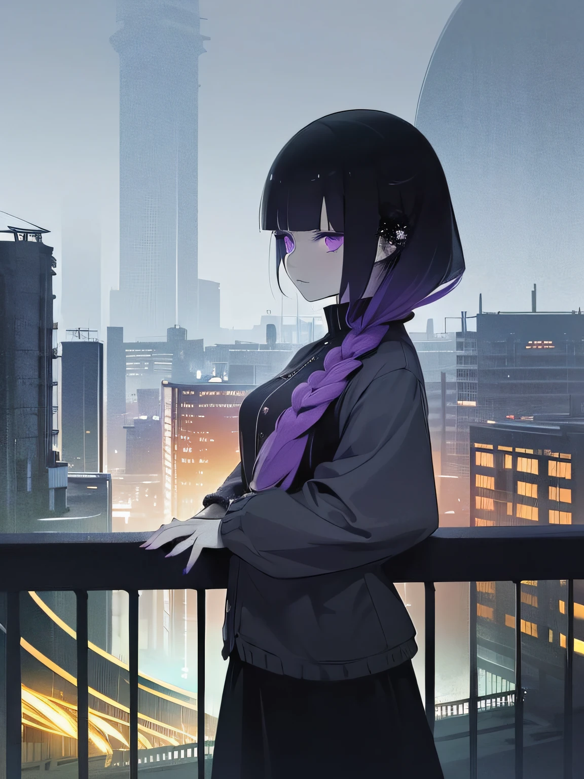 gloomy futuristic atmosphere, ((dark goth girl)), Long hair, Long bangs, Bangs closes his eyes, Bright purple hair, closed long bright purple sweater, Long grey trousers, steel railings, Good clothes, violet eyes, Cold lighting, on roof, Hopeless landscape, dark gloomy cityscape, Duck sky, Black Sky, It's dark night, Horror atmosphere, perfect anatomy, Masterpiece