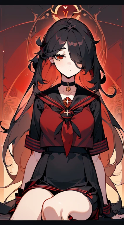 (extremely detailed CG unity 8k wallpaper), (((ultra-detailed))), ((extremely detailed)), (((best illustration))), best illumination, ((extremely delicate and beautiful)), ((an extremely delicate and beautiful girl)), colorful, modern city, ((1 girl, solo:1.9)), {{finely detailed beautiful eyes and detailed face}}, expressionless, extra long hair, (hair over right eye:1.9), (((deep black hair))), (red empty eyes:1.5), beautiful detailed eyes, mature female, slender, big breast, (((intricate details))), (Black and red sailor top and black short skirt:1.5), medium height black boots, ((black choker with red pendent)), red spider lily mark on neck, sitting, bishoujo, full-body