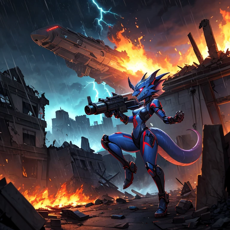 solo, female, kobold, metallic blue, shiny, stealth, ,fangs showing, growling, demonic, legs spread, , rubble, android, mechanical, small breasts, thin body, short height, with tail, curved thighs, glowing eyes, lightning, raining, holding blaster gun, war, science fiction, burning, crashing ships, destroyed burning buildings, stars, galaxy, fighting, warrior, aggressive, high quality masterpiece, perfect anatomy,