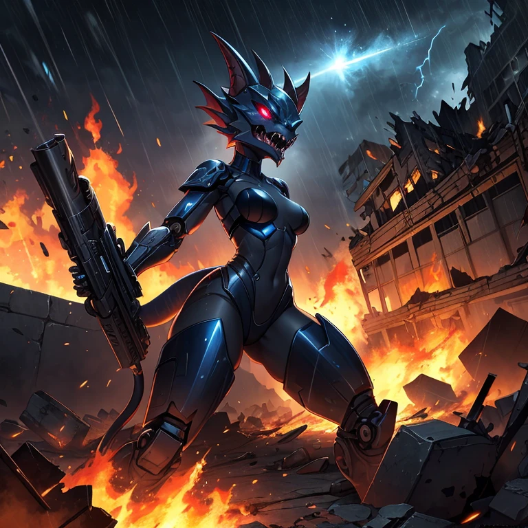 solo, female, kobold, metallic blue, shiny, stealth, ,fangs showing, growling, demonic, legs spread, , rubble, android, mechanical, small breasts, thin body, short height, with tail, curved thighs, glowing eyes, lightning, raining, holding blaster gun, war, science fiction, burning, crashing ships, destroyed burning buildings, stars, galaxy, fighting, warrior, aggressive, high quality masterpiece, perfect anatomy,