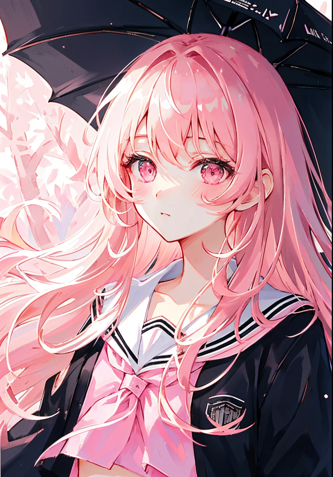 Masterpiece, Best Quality, Ultra-detailed, illustartion, Portrait, 1girl, black_Hair, pink eyes, Long hair, school uniform,bikini blonde hair pink tips