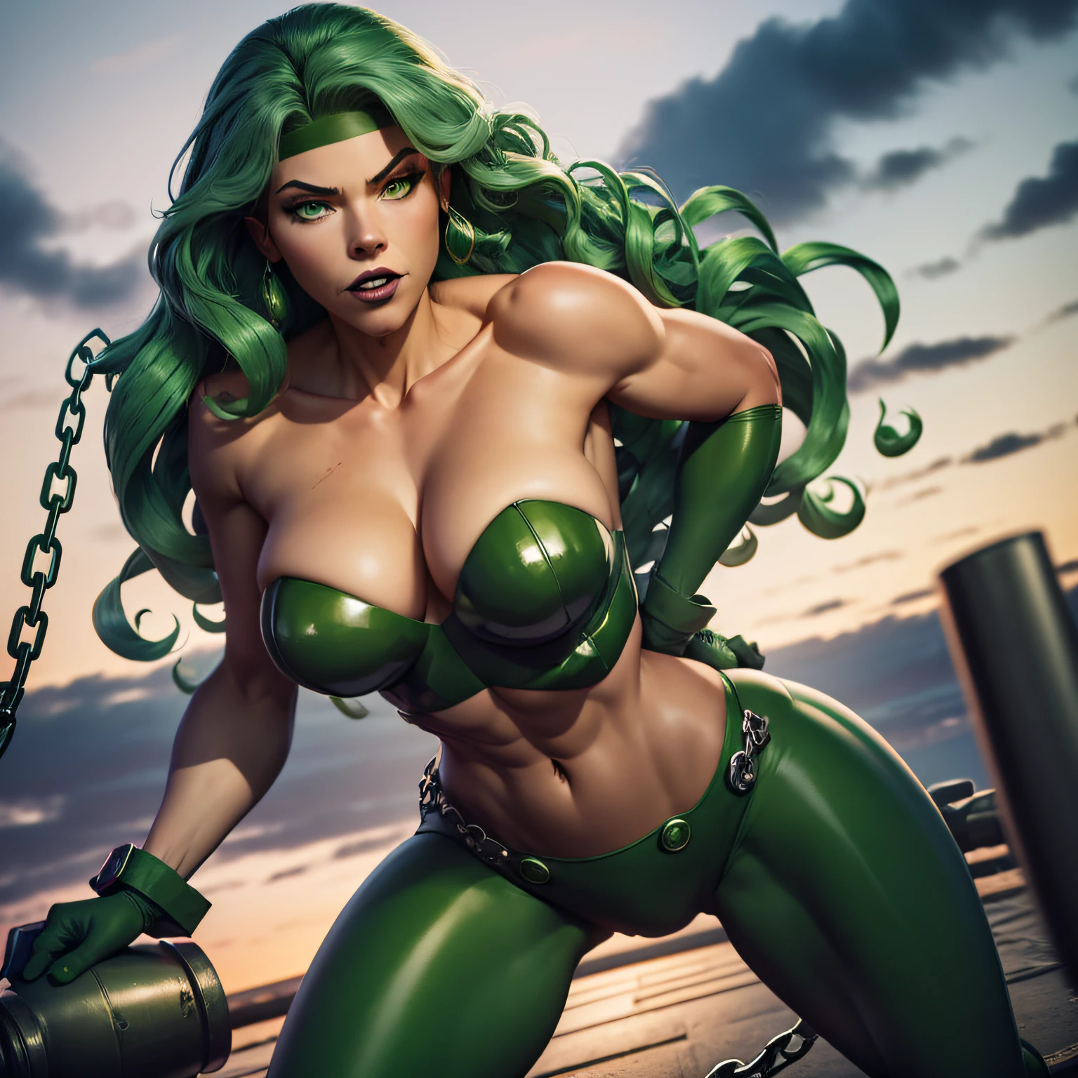 masterpiece, best quality, boots, gloves, pants, secret spy, looking at viewer, green hair, high leg, wavy hair, green eyes, muscular, She weak, she is chained to the roof, she  is standing and chain, she   being humiliated, big chest, she  suffering in pain,(alone), detailed face, age 32, no spots