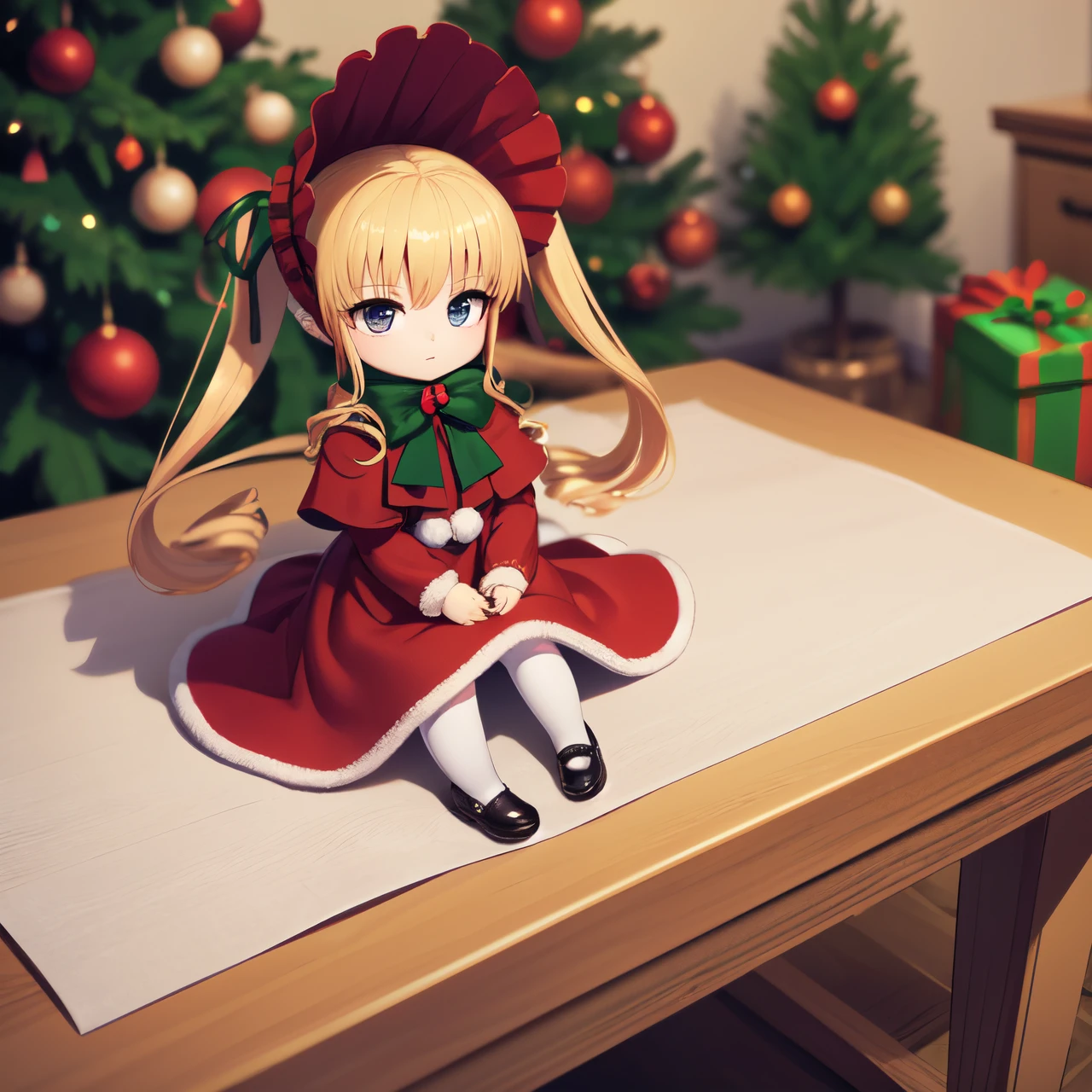 best quality, masterpiece, solo tiny chibi Shinku, original outfit, bonnet, red dress,white pantyhosecup, is sitting on table, looking to viewer, (cinnamon on table:1.3), (close-up:0.8), christmas tree on background, (christmas atmosphere), intricate angle, detailed, intricate