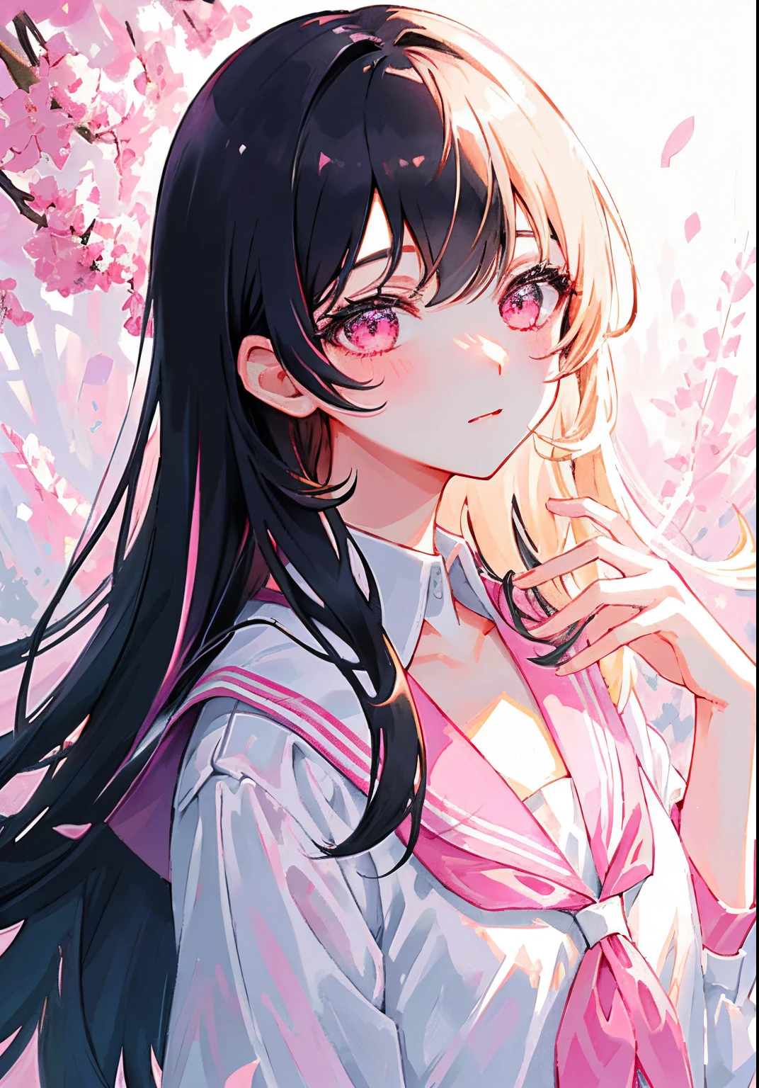 Masterpiece, Best Quality, Ultra-detailed, illustartion, Portrait, 1girl, black_Hair, pink eyes, Long hair, school uniform,bikini blonde hair pink tips
