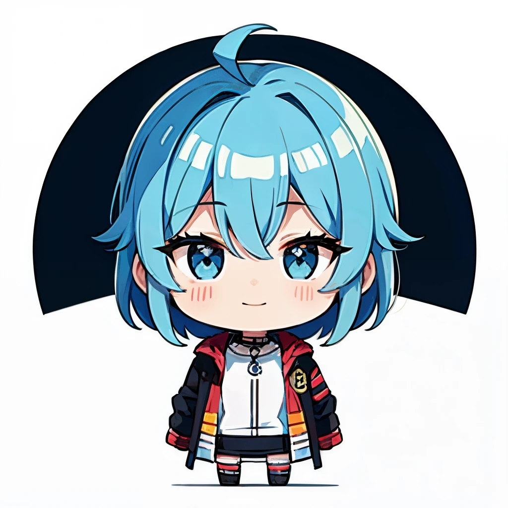 超High Resolution, Better aesthetics, The image of the foot is of the highest quality, Put on your jacket, Black and blue hair on the back, Flat avatar, Anime Cute Girls Visuals, cute art style, chibi, short-hair, ahoge, Shy, ssmile, hair ornaments,relying on , simple background, 耳环, jewelries, side locks, Large oval eyes,