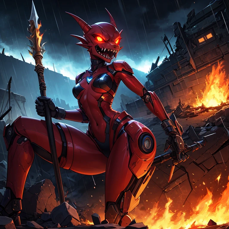 solo, female, kobold, metallic red, shiny, stealth, ,fangs showing, growling, demonic, legs spread, , rubble, android, mechanical, small breasts, thin body, short height, with tail, curved thighs, glowing eyes, lightning, raining, holding energy spear, war, science fiction, burning, crashing ships, destroyed burning buildings, stars, galaxy, fighting, warrior, aggressive, high quality masterpiece, perfect anatomy, strip club