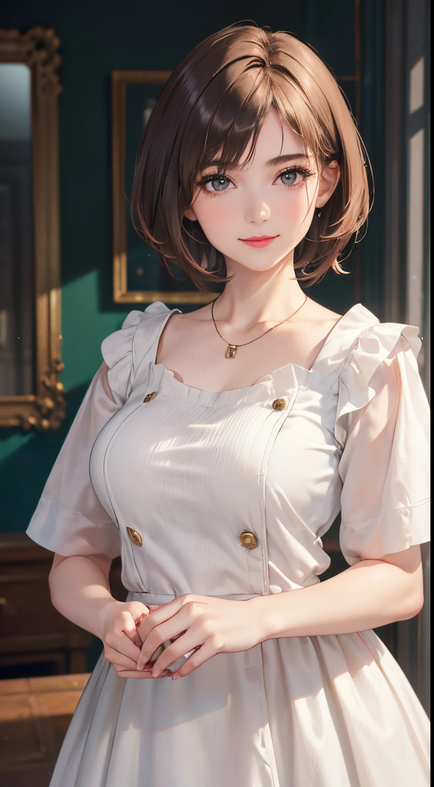 128
(a 20 yo woman, Standing), (A hyper-realistic), (high-level image quality), ((beautiful hairstyle 46)), ((short-hair:1.46)), (Gentle smile), (breasted:1.1), (lipsticks), (Large room), (Depth of field is deep), (Painterly)