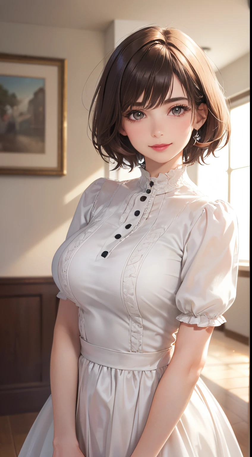 128
(a 20 yo woman, Standing), (A hyper-realistic), (high-level image quality), ((beautiful hairstyle 46)), ((short-hair:1.46)), (Gentle smile), (breasted:1.1), (lipsticks), (Large room), (Depth of field is deep), (Painterly)