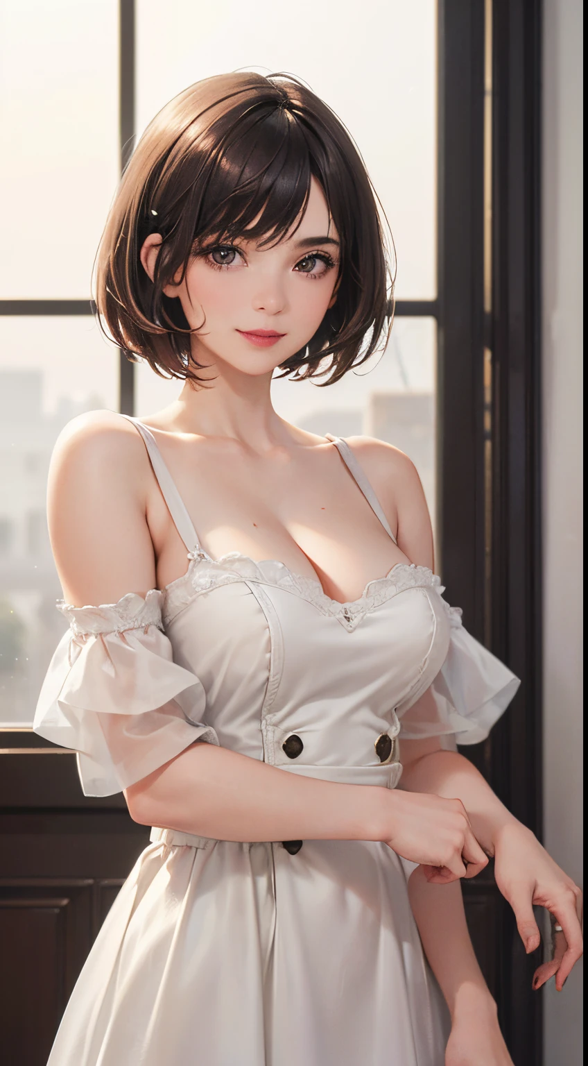 128
(a 20 yo woman, Standing), (A hyper-realistic), (high-level image quality), ((beautiful hairstyle 46)), ((short-hair:1.46)), (Gentle smile), (breasted:1.1), (lipsticks), (Large room), (Depth of field is deep), (Painterly)