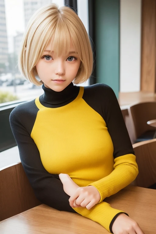 a very cute blonde girl wearing medium dark shade of yellow green chest-hole-cut-out turtleneck sitting in cafe posing for picture, bob-cut hair, raw photo