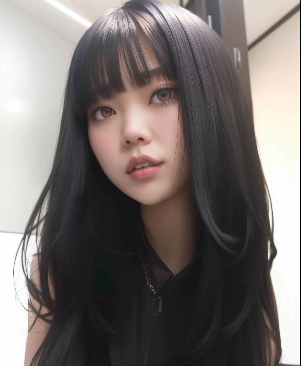 arafed asian woman with long black hair and bangs posing for a picture, she has black hair with bangs, cruel korean goth girl, ulzzang, black hime cut hair, hair blackbangs hair, the hime cut, with full bangs, lalisa manobal, with bangs, long hair with full bangs, lalisa manoban of blackpink