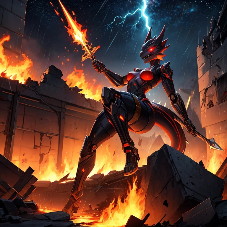 solo, female, kobold, metallic red, shiny, stealth, ,fangs showing, growling, demonic, legs spread, , rubble, android, mechanical, small breasts, thin body, short height, with tail, curved thighs, glowing eyes, lightning, raining, holding energy spear, war, science fiction, burning, crashing ships, destroyed burning buildings, stars, galaxy, fighting, warrior, aggressive, high quality masterpiece, perfect anatomy, covered in green blood