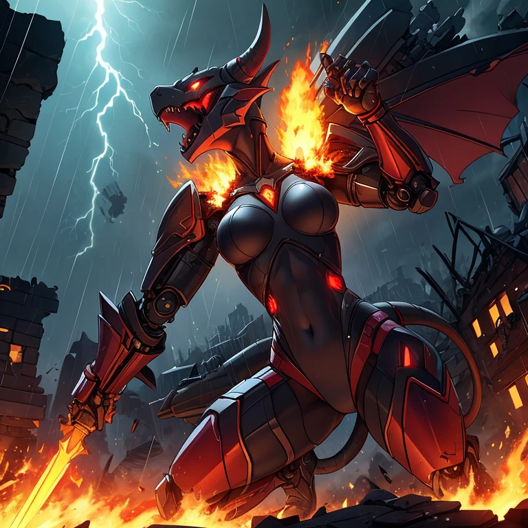 solo, female, kobold, metallic red, shiny, stealth, ,fangs showing, growling, demonic, legs spread, , rubble, android, mechanical, small breasts, thin body, short height, with tail, curved thighs, glowing eyes, lightning, raining, holding energy spear, war, science fiction, burning, crashing ships, destroyed burning buildings, stars, galaxy, fighting, warrior, aggressive, high quality masterpiece, perfect anatomy, covered in green blood