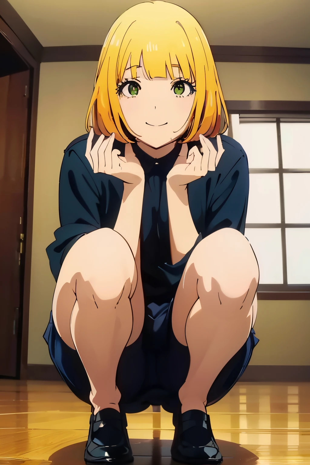masterpiece、hight resolution、Top image quality、 Hana Midorikawa、A smile、Bob cut blonde hair、bangss、A slender、tiny chest、thighs thighs thighs thighs、Squatting
