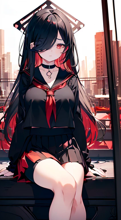 (extremely detailed CG unity 8k wallpaper), (((ultra-detailed))), ((extremely detailed)), (((best illustration))), best illumination, ((extremely delicate and beautiful)), ((an extremely delicate and beautiful girl)), colorful, modern city, ((1 girl, solo:1.9)), {{finely detailed beautiful eyes and detailed face}}, expressionless, extra long hair, see through bangs, (hair over right eye:1.9), (((deep black hair))), (red empty eyes:1.5), beautiful detailed eyes, mature female, slender, big breast, (((intricate details))), (Black and red long sleeve sailor top and black short skirt:1.5), medium height black boots, ((black choker with red pendent)), red spider lily mark on neck, sitting, bishoujo, full-body