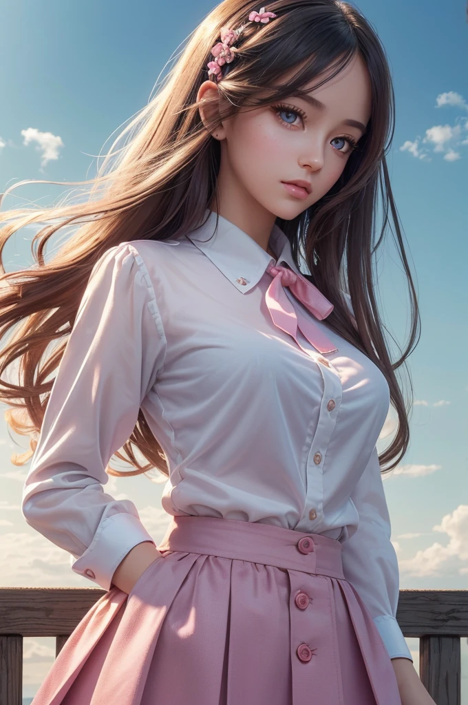 (detailed beautiful eyes and detailed face, masterpiece side light, masterpiece, best quality, detailed, high resolution illustration), (1 girl, beautiful girl, shiny skin, looking down, looking at viewer), ( Sky blue long hair, pink eyes, skirt, ribbon, button-down shirt) 45 degrees, top view, sideways, (hand detail)
