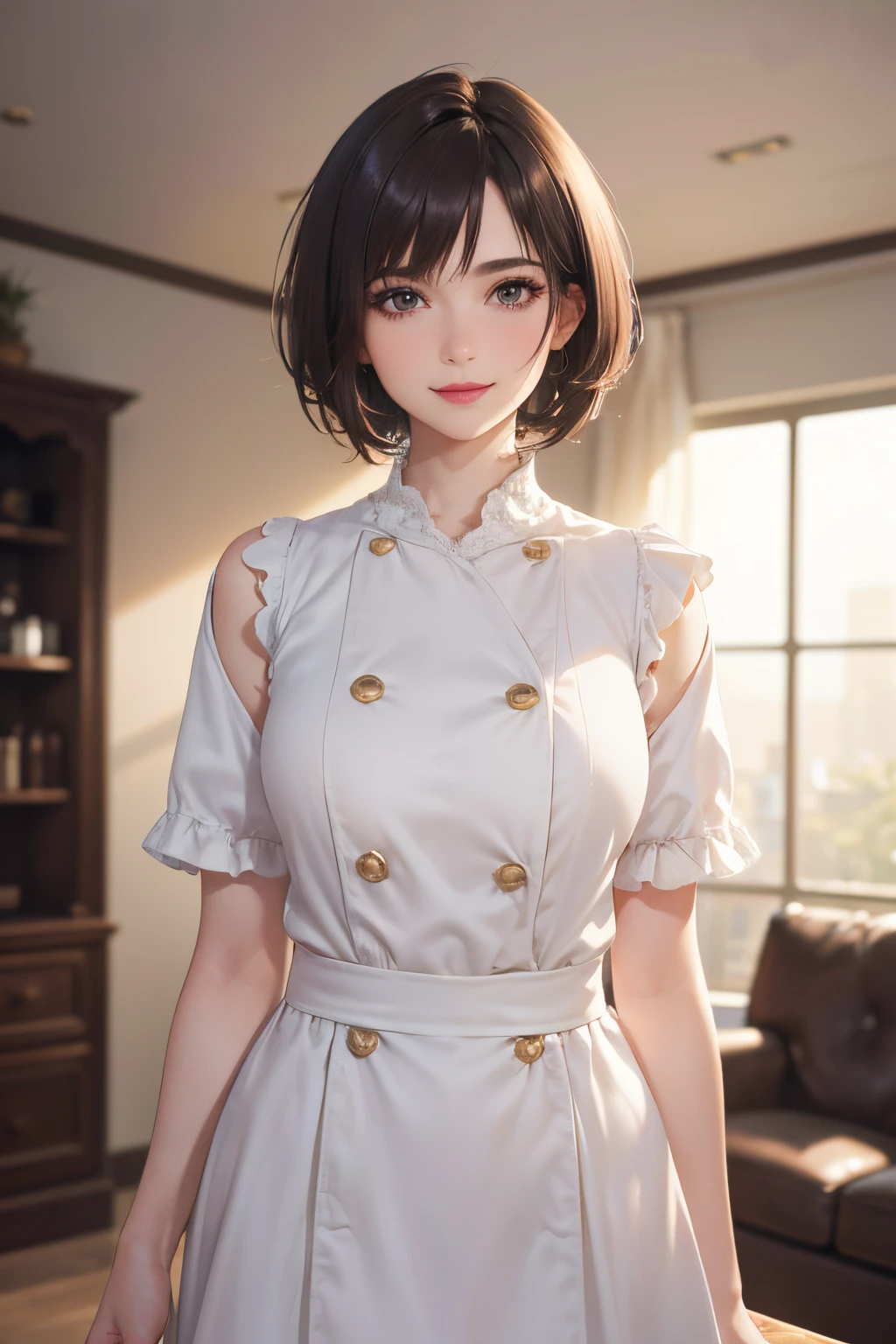 128
(a 20 yo woman, Standing), (A hyper-realistic), (high-level image quality), ((beautiful hairstyle 46)), ((short-hair:1.46)), (Gentle smile), (breasted:1.1), (lipsticks), (Large room), (Depth of field is deep), (Painterly)