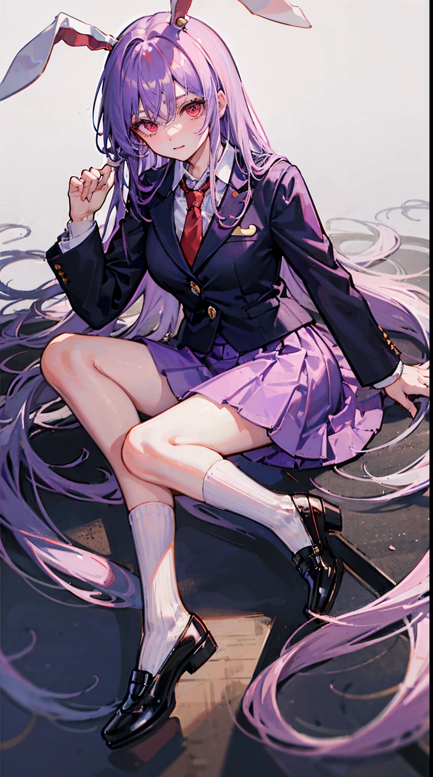 (masterpiece), best quality, Tsukimirin style, (Touhou Project), (Reisen Udongein Inaba), rabbit girl, rabbit ears, violet long hair, red eyes, formal outfit, rabbit tail, blazer, black jacket, pink skirt, ,reisen, purple_hair, red_eyes, long_sleeves, jacket, white_shirt, red_necktie, pink_skirt, necktie, finger_gin,