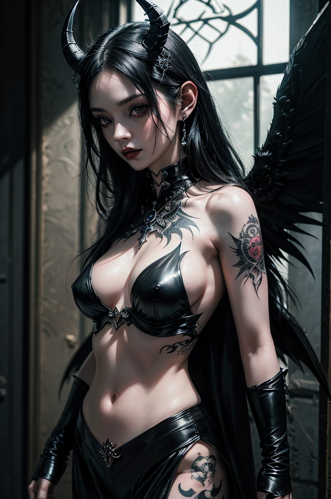 (gothic woman,goddess,long black hair,pale skin,,tattooed,demon wings,horns,very sexyil painting,ultra-detailed,highres,professional,portrait,vivid colors,dramatic lighting