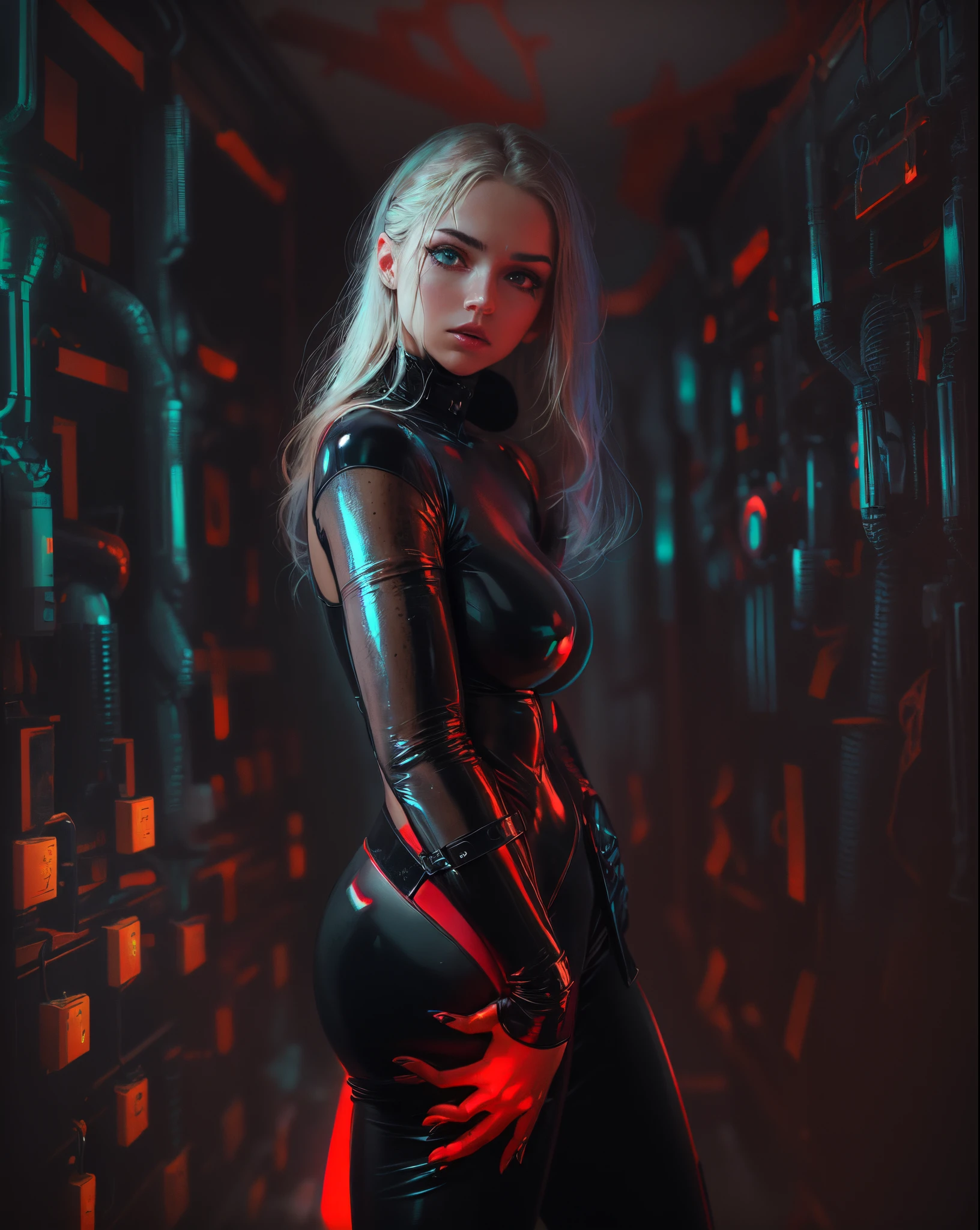 Very thin ,Very beautiful белая девушка с длинными прямыми светлыми волосами,Waist-length long hair, white and turquoise latex clothing,glued to the body, Very beautiful, very attractive,[detailed eyes,skin texture,detailed eyes янтарного с зеленым цвета], very thin, Inside a spaceship,in a large porthole close-up of the planet on a black background with stars,mystical photography,dark noir,Dark Botany,  light pinkish smoke in a spaceship in the dark,8K,Greg Rutkowski's style